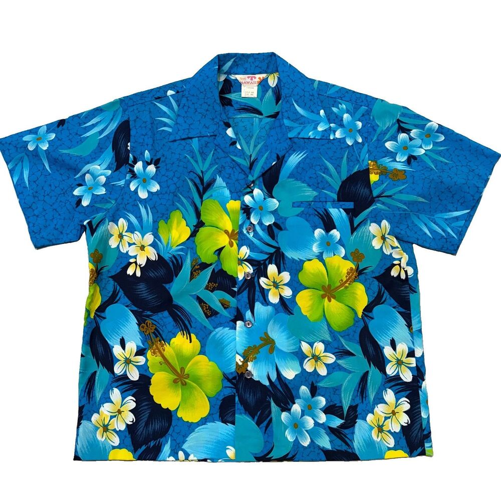 Vintage 70s Sears Aloha Hibiscus Hawaiian Shirt XXL Blue Green